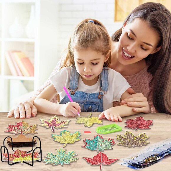 10 Pcs Diamond Art Coasters with Holder, DIY Maple Leaf Diamond Painting Coaster - Picture 5 of 7